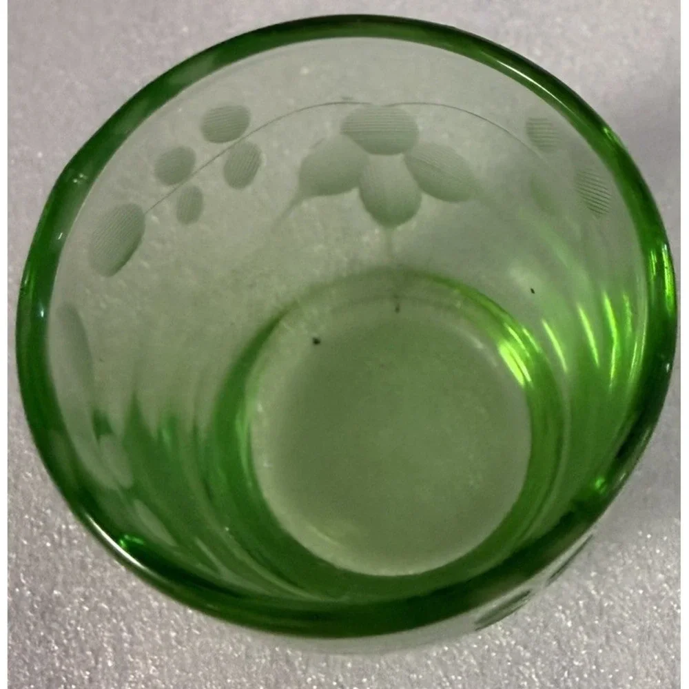Uranium Glass Cordial Shot Glass Etched Floral UV Glow 2.75